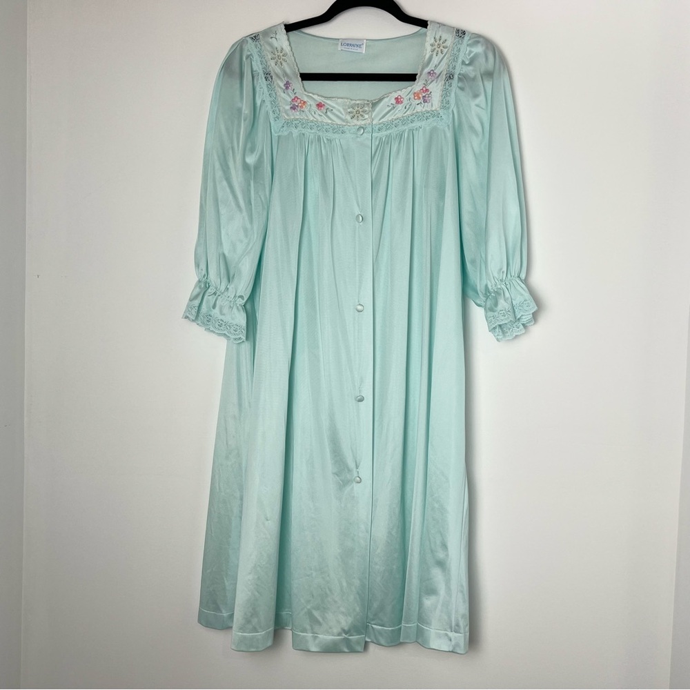 Vintage Lorraine Nightgown Robe Women's Sz Med Floral Lace Embroidered Green USA - Picture 1 of 10